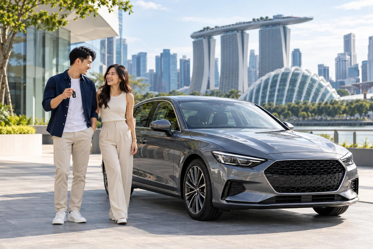 Asian couple exploring their next car in Singapore